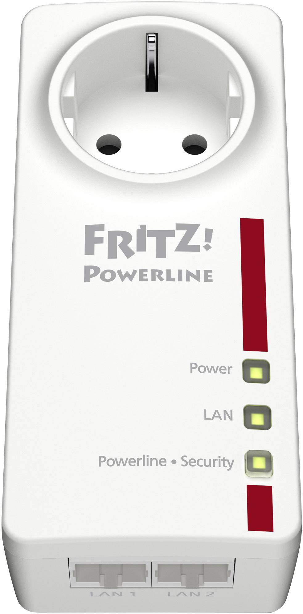 Ein FRITZ! Powerline-Adapter in Nahaufnahme zeigt Steckdose, Statuslichter für Power, LAN, und Powerline-Sicherheit-Anzeige.