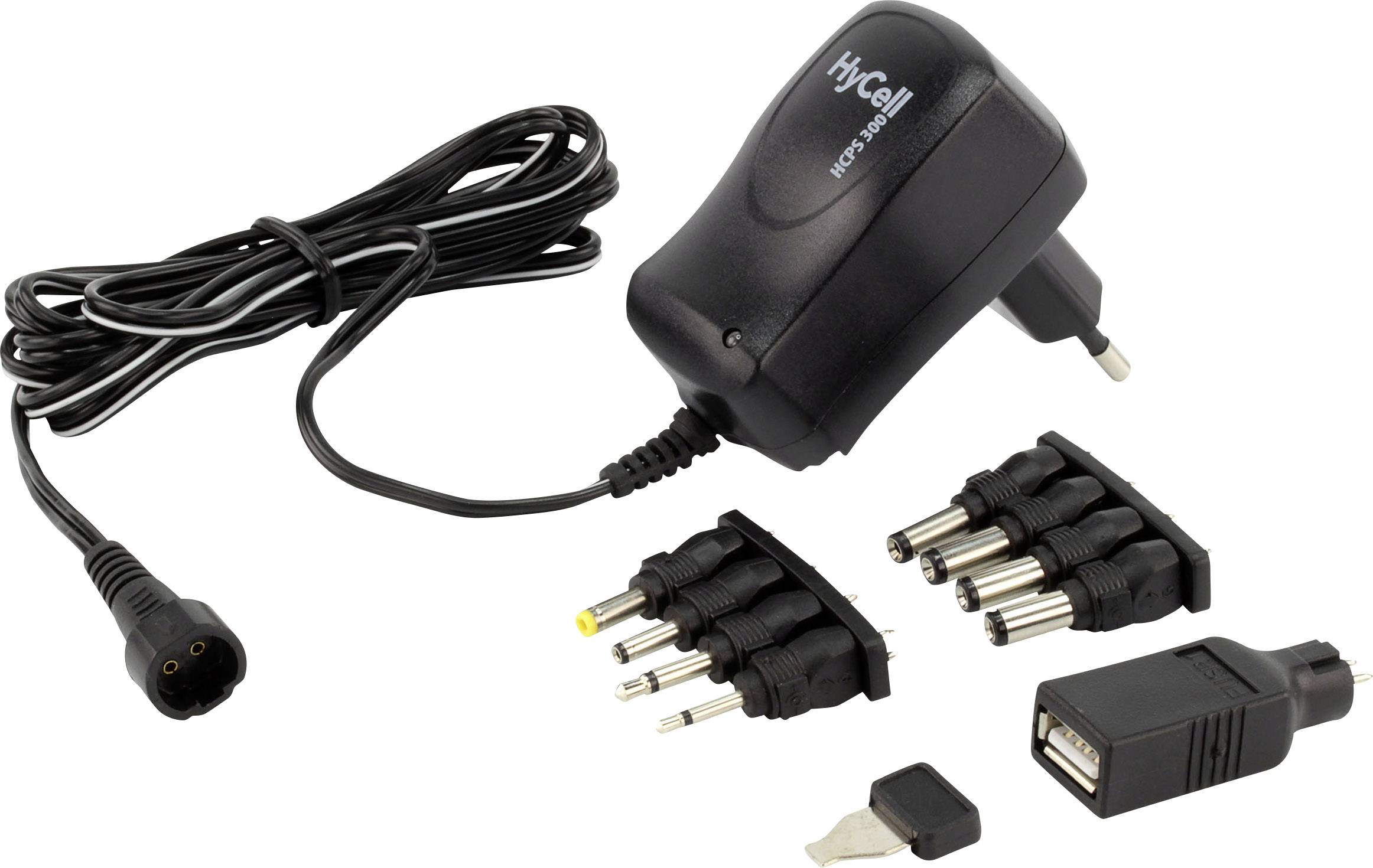 Schwarzes Universal-Netzteil mit verschiedenen Adaptern und einem USB-Anschluss.