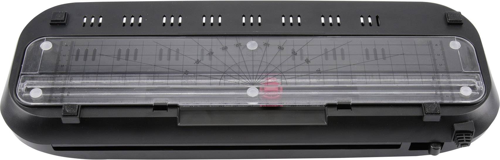 Eine schwarze Lochverstärkungspapiersäge, oben mit einem durchsichtigen Lineal und Markierungen für Papiergrößen.