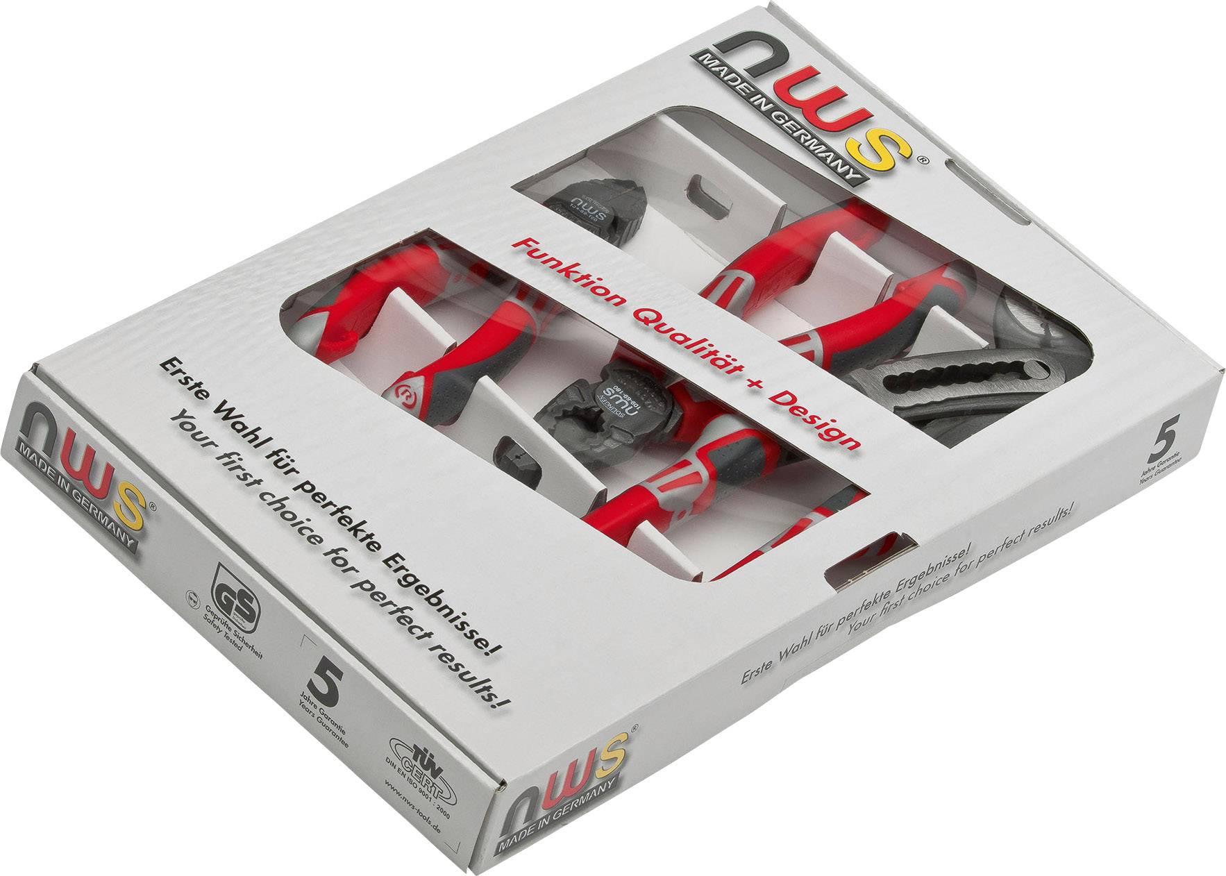 Eine Verpackung mit rotem Werkzeug von 'NWS Made in Germany' zeigt Zangen und Schraubenzieher, beworben als Kombination aus Funktion, Qualität und Design.