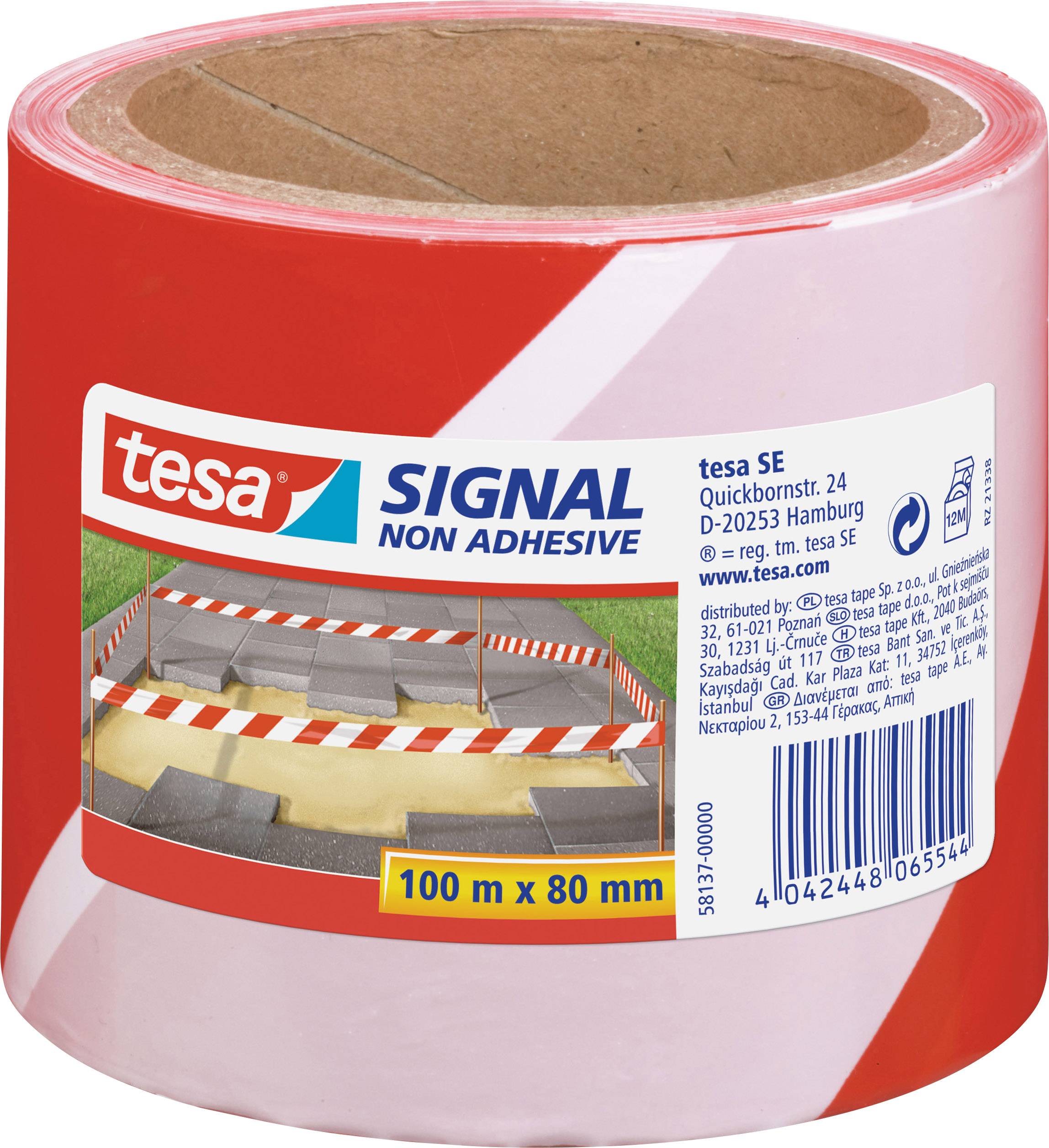 Rolle rot-weißes Absperrband von tesa ohne Klebstoff, 100m x 80mm. Etikett zeigt eine Baustellenszene mit Pflastersteinen und Absperrung.