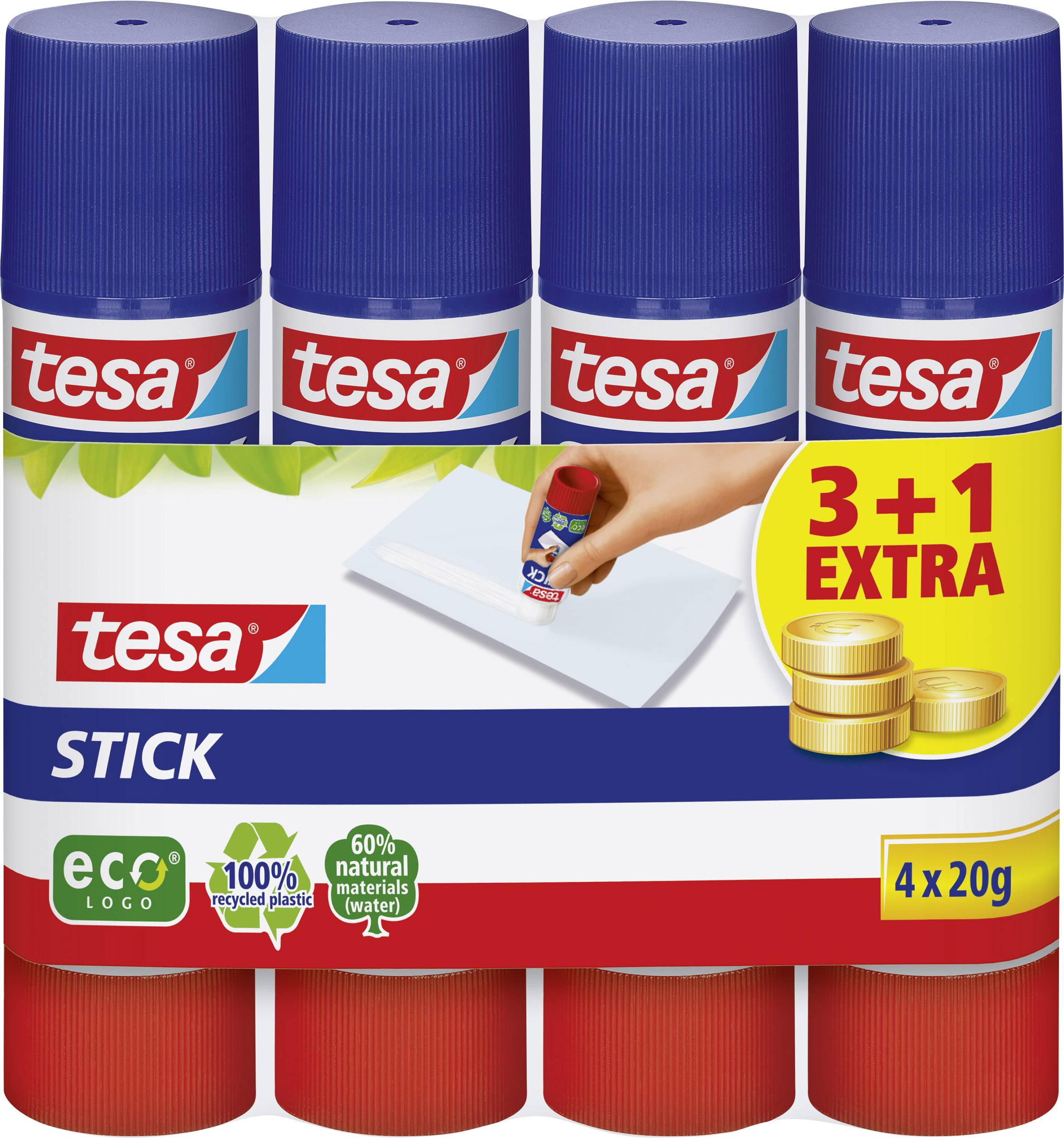 Vier blaue tesa-Klebestifte, 3+1 gratis. Hinweis auf recyceltes Material. Hauptverwendung: Papierkleber.