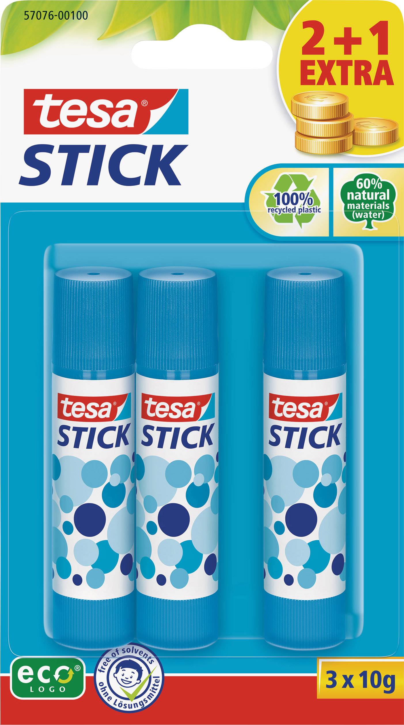 Drei Tesa-Stick-Klebestifte im Set, 2+1 gratis. Enthält 60 % natürliche Materialien, 100 % recycelbare Verpackung, 3x10g.