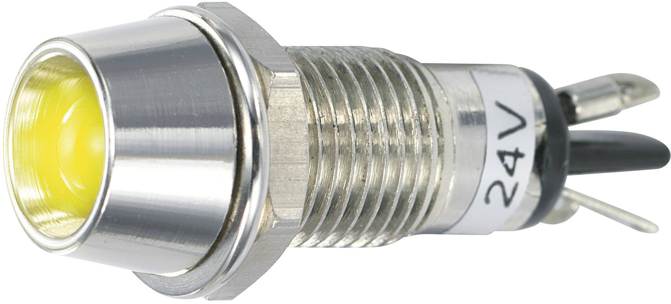 Metallschalter mit gelber LED-Anzeige und '24V'-Markierung neben Verlängerungsdrähten. Geeignet für elektrische Anwendungen.