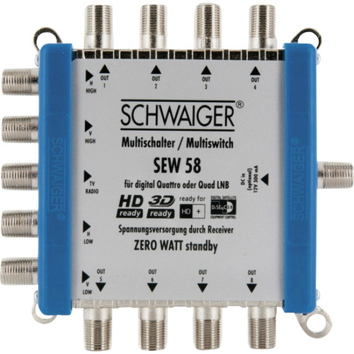 Schwaiger SEW58 531 SAT Multischalter Eingänge (Multischalter): 5 (4 SAT/1 terrestrisch) Teilnehmer-Anzahl: 8 StandBy-Funktion