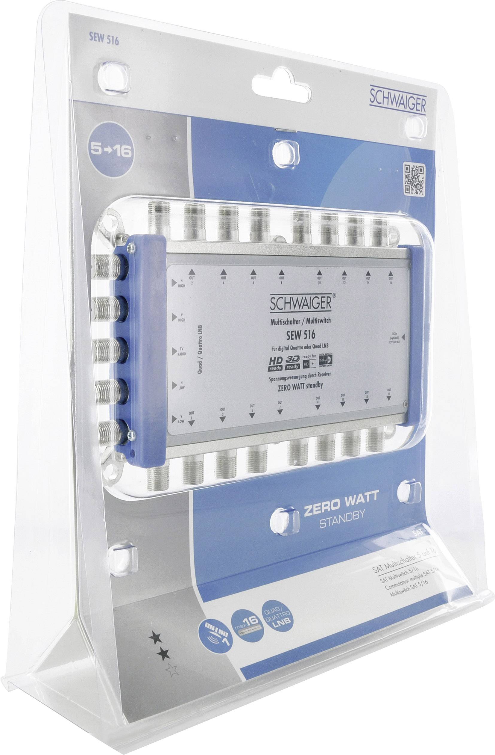 Schwaiger SEW516 531 SAT Multischalter Eingänge (Multischalter): 5 (4 SAT/1 terrestrisch) Teilnehmer-Anzahl: 16 StandBy-Funktion