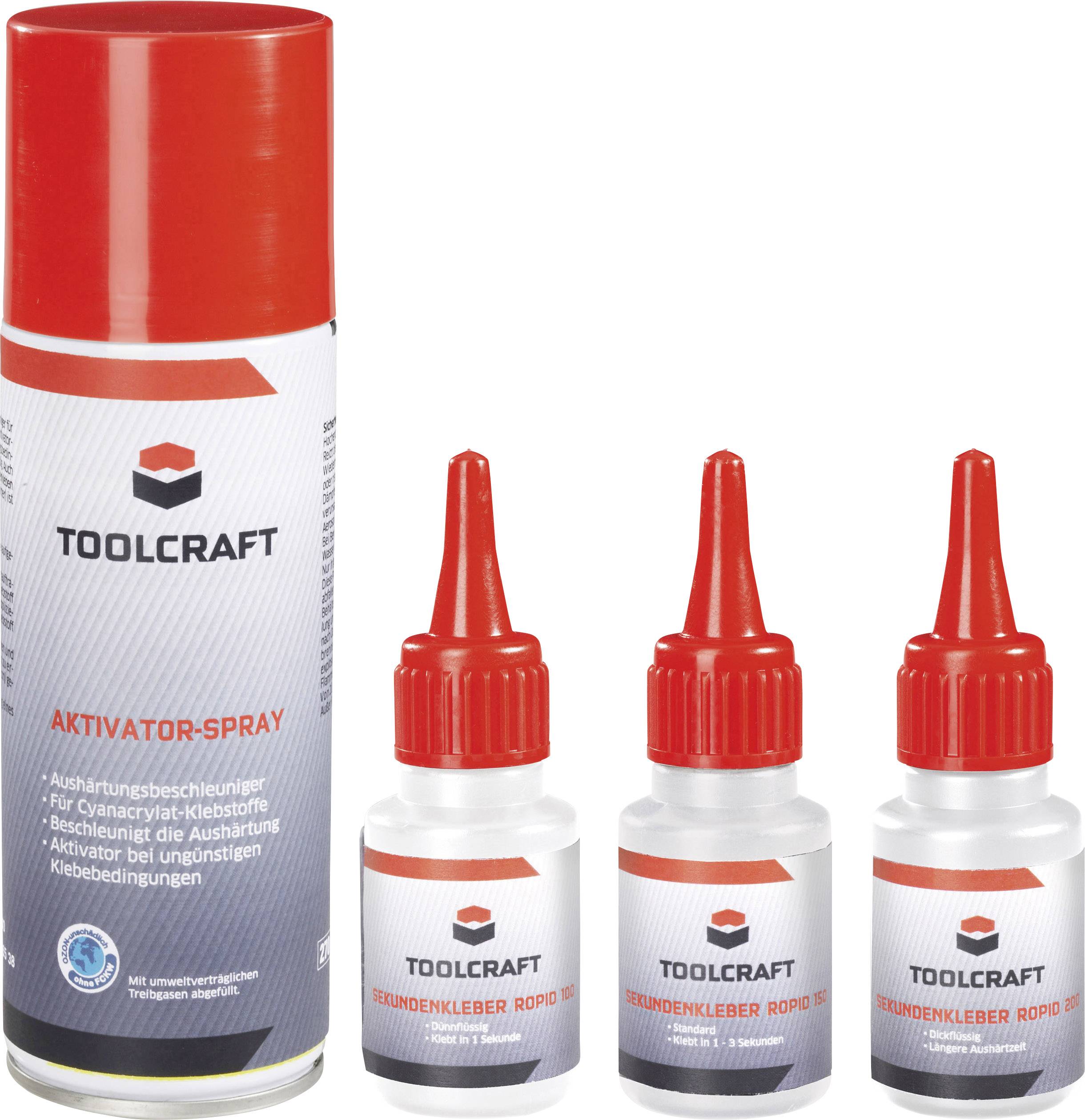 Drei Fläschchen Sekundenkleber und ein Aktivator-Spray der Marke Toolcraft stehen nebeneinander. Sie haben rote Verschlüsse.