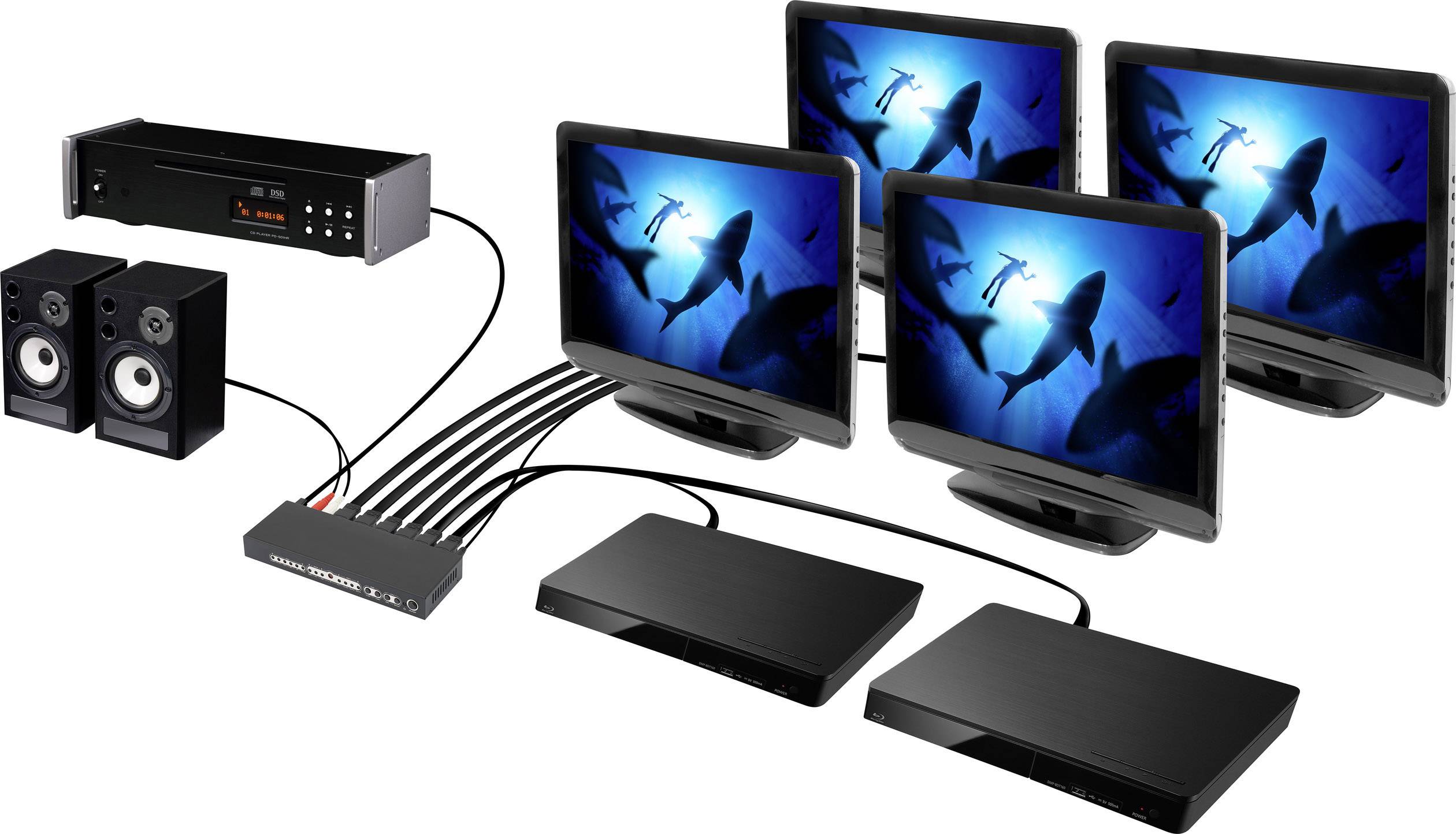 SpeaKa Professional 4 Port HDMI-Splitter mit Audio-Ports, mit Fernbedienung 3840 x 2160 Pixel Schwarz