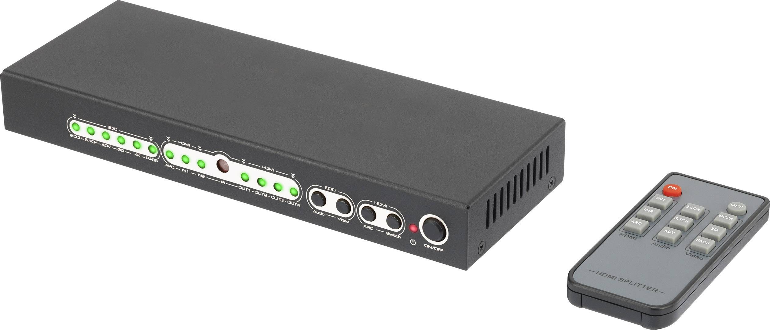 SpeaKa Professional 4 Port HDMI-Splitter mit Audio-Ports, mit Fernbedienung 3840 x 2160 Pixel Schwarz