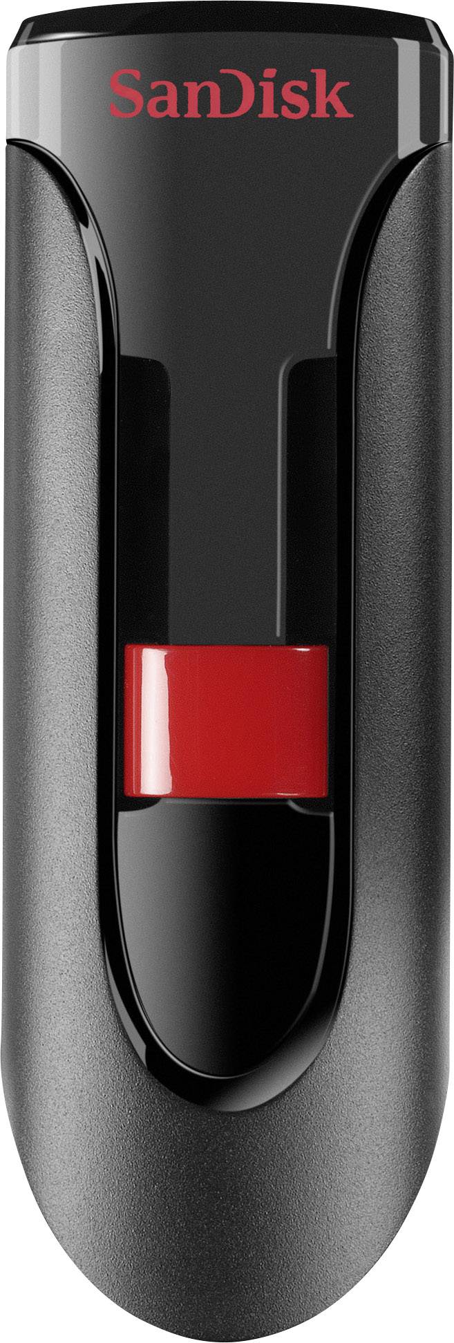 Ein schwarzer USB-Stick von SanDisk mit einem roten Schalter in der Mitte.
