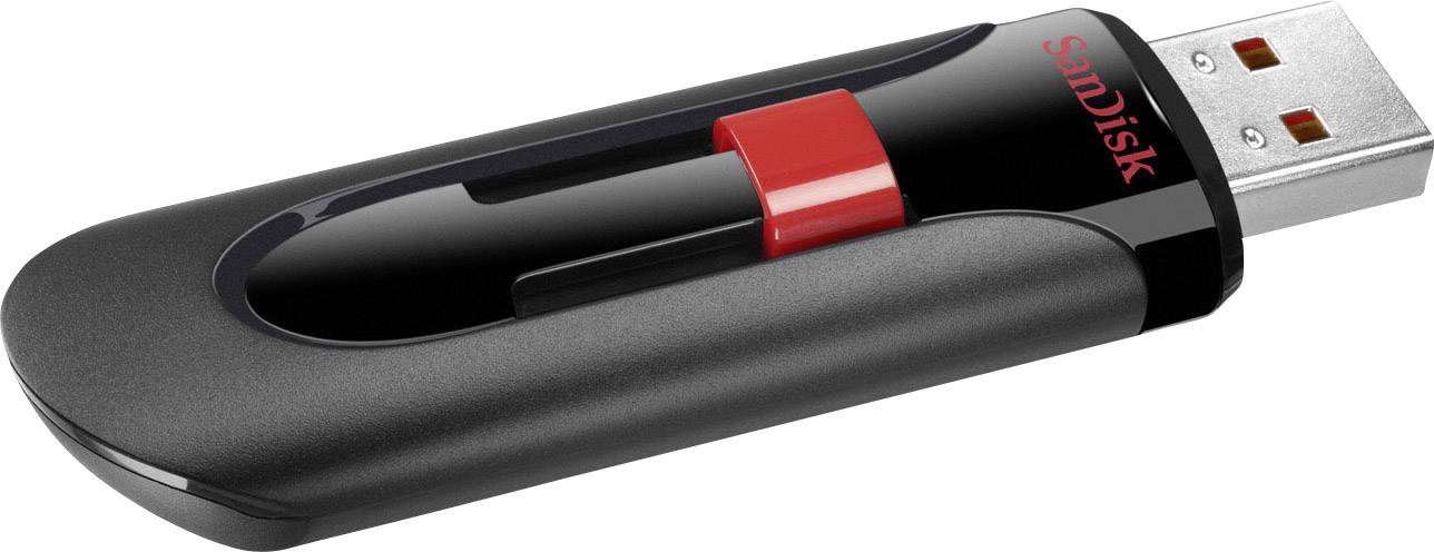 Schwarzer USB-Stick mit rotem Schiebeschalter, Markenlogo 'SanDisk' sichtbar, dient zur Speicherung und Übertragung von Daten.