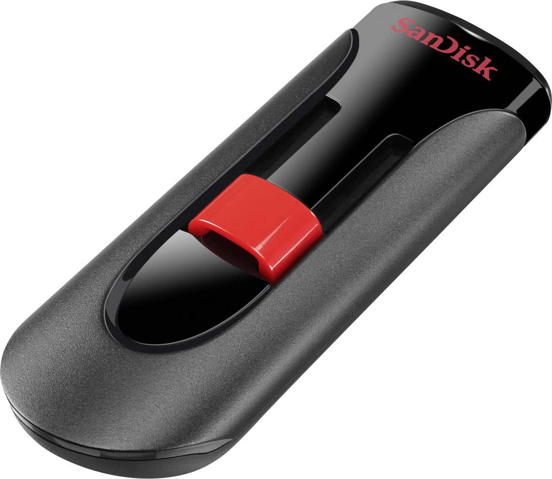 Schwarzer USB-Stick mit roter Schiebeabdeckung, Markenname 'SanDisk' aufgedruckt.