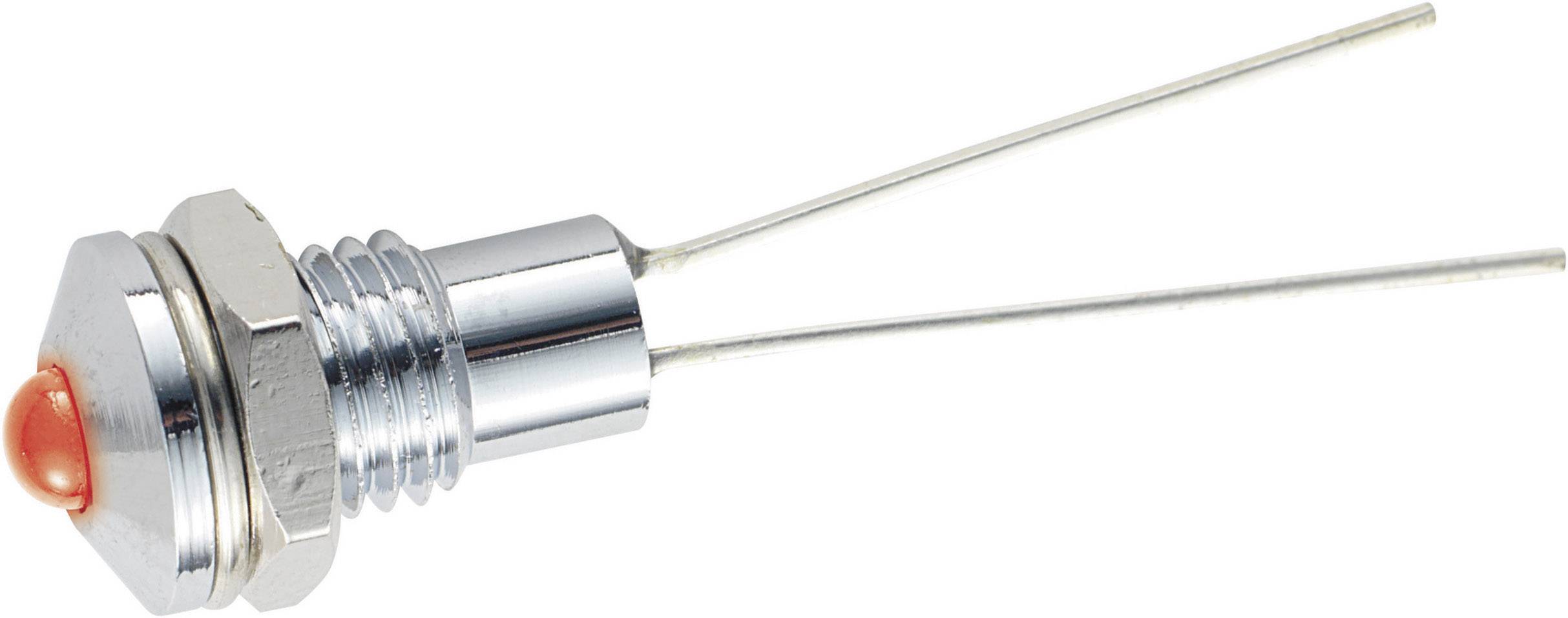 Ein runder Metallschalter mit einer roten LED in der Mitte und zwei Drähten zum Anschließen.