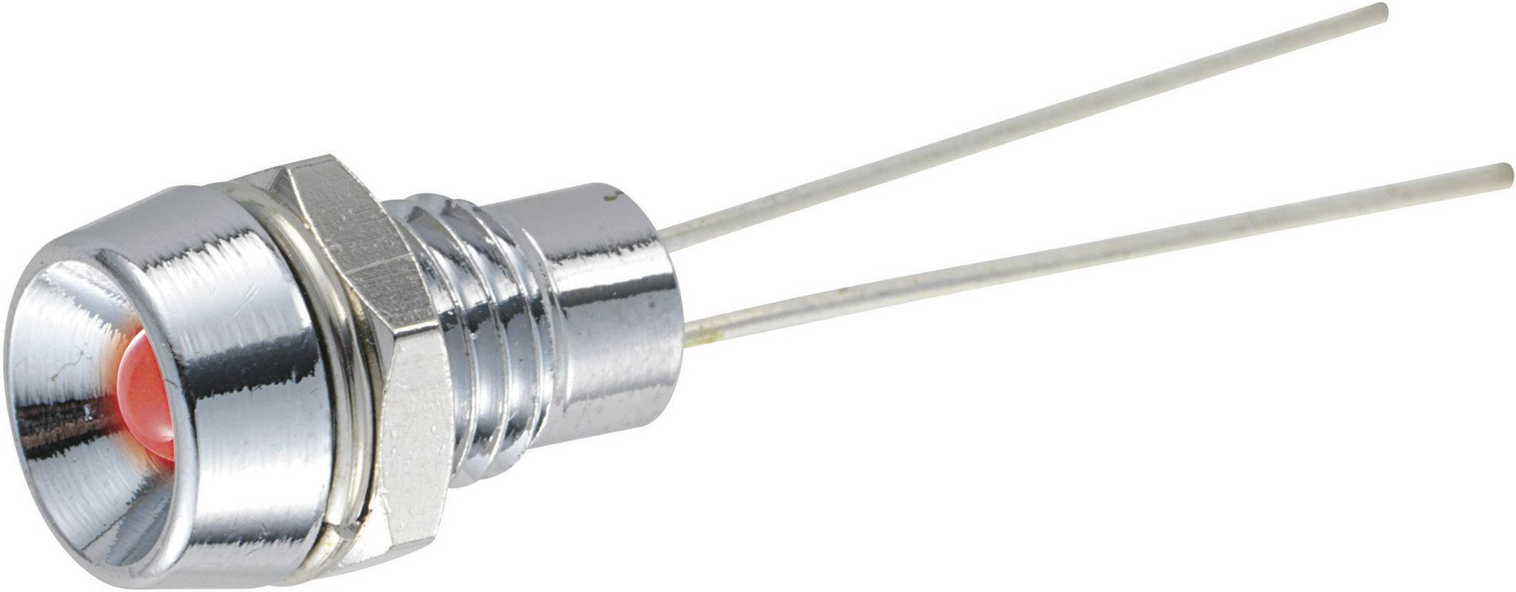 Eine rote LED in einem metallenen Gehäuse, mit zwei stromleitenden Drähten, die aus dem hinteren Ende herausragen.