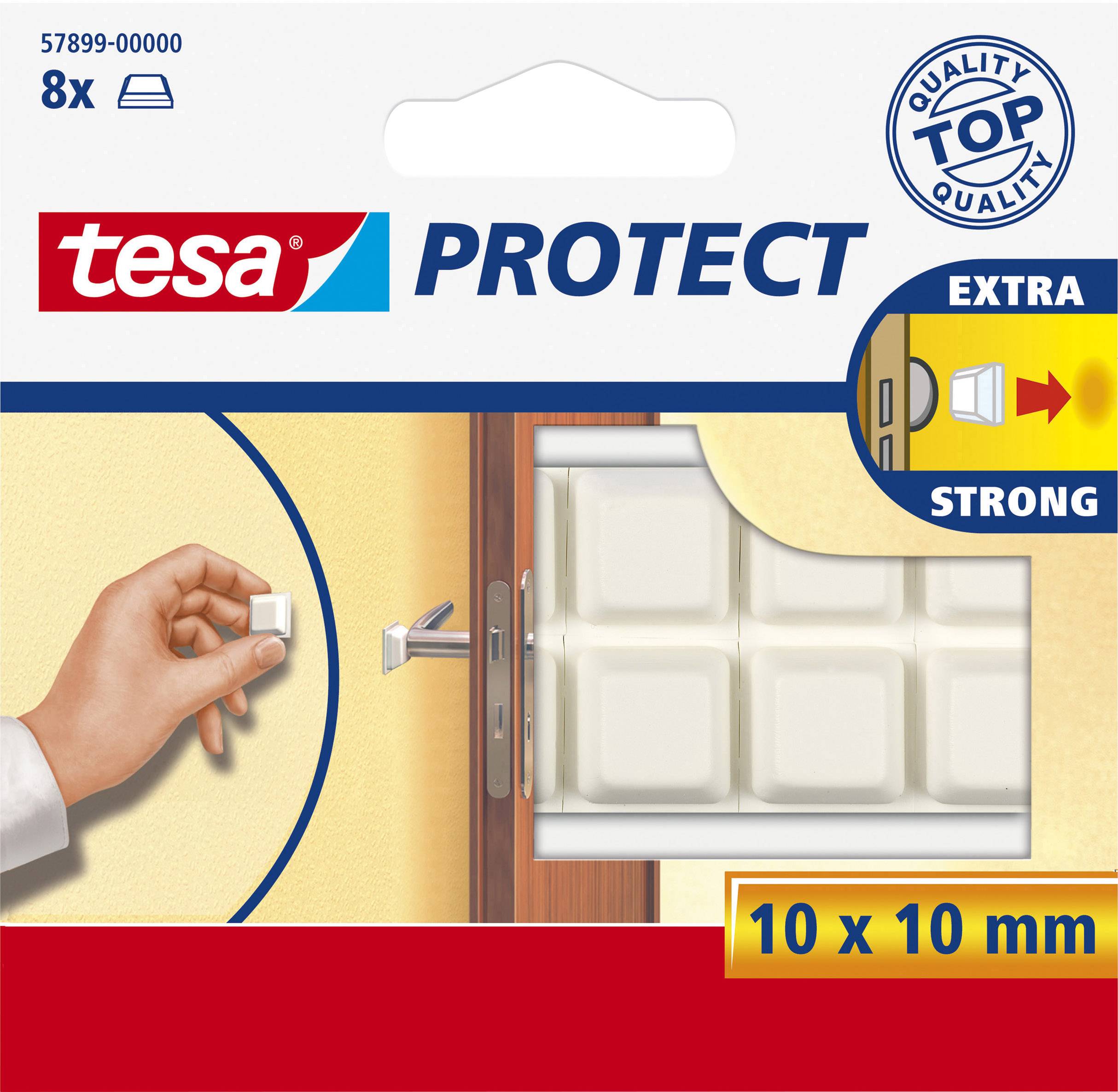 'tesa Protect' Packung mit acht extra starken, weißen Schaumstoffpads, 10 x 10 mm, zeigt Anwendung an einer Tür.