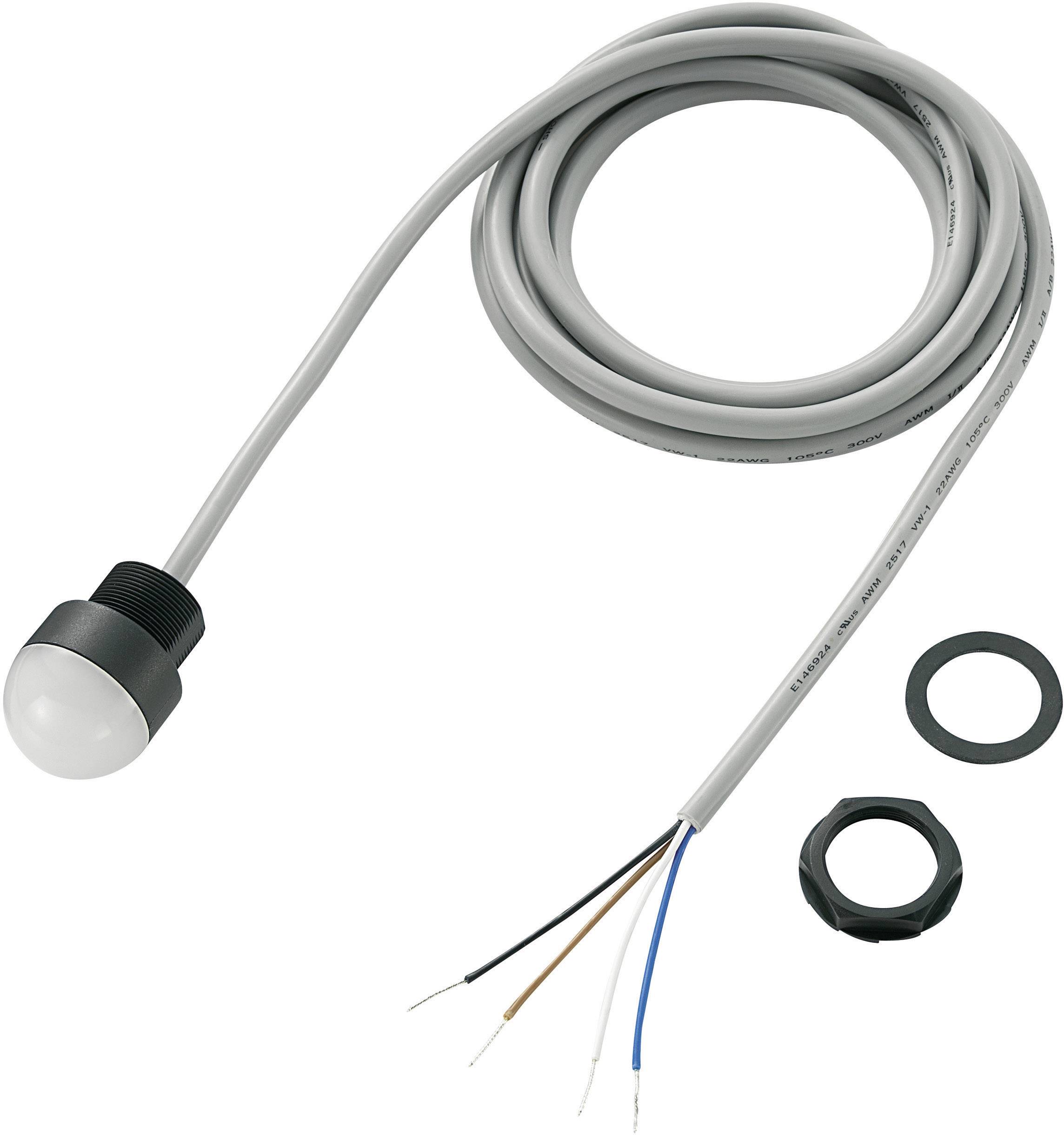 Grauer Sensor mit langem Kabel und vier offenen Drähten, begleitet von zwei runden schwarzen Befestigungselementen.
