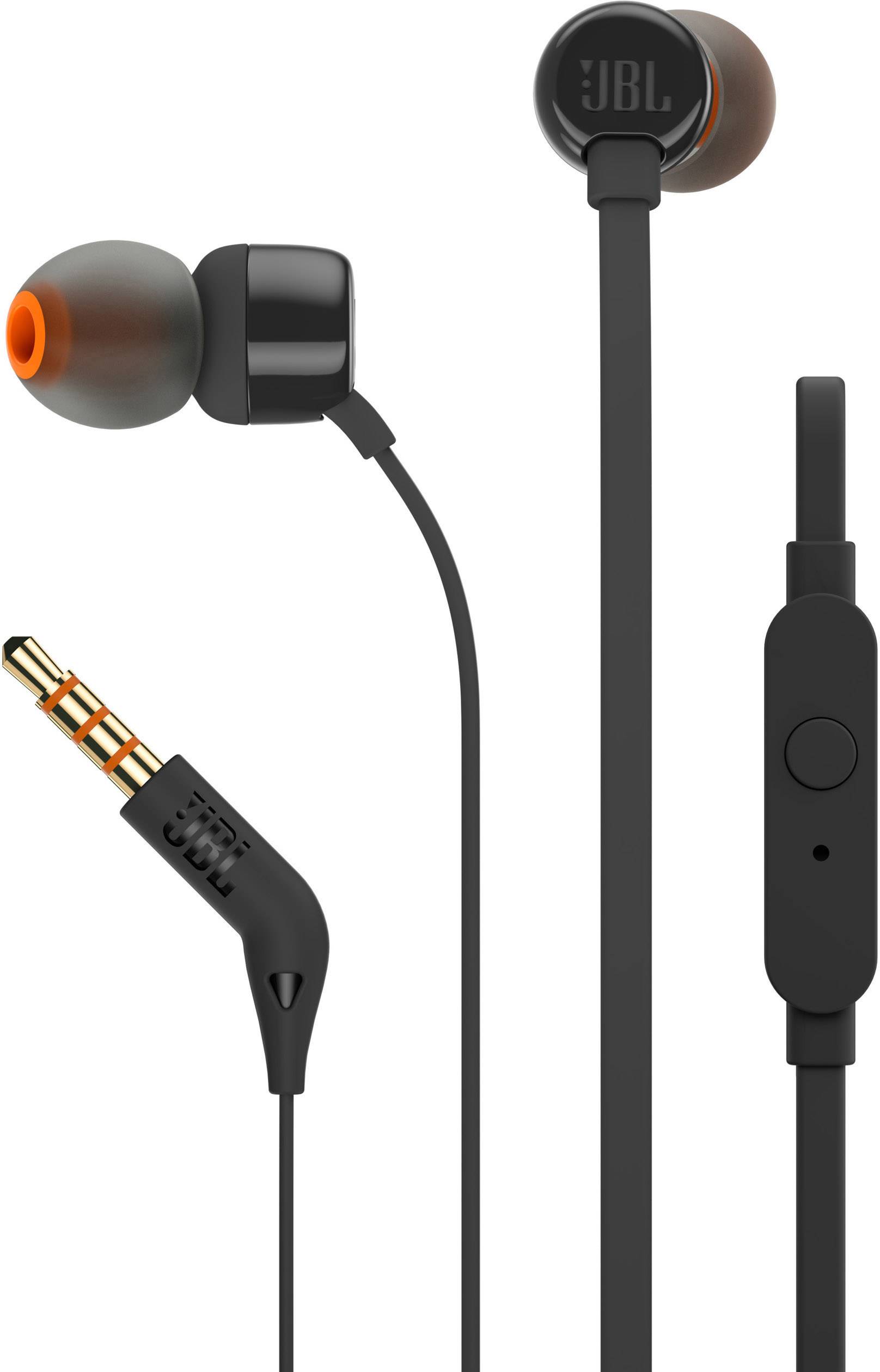 Schwarze In-Ear-Kopfhörer mit Flachbandkabel und 3,5mm-Stecker, integrierte Fernbedienung und Mikrofon, orangefarbene Ohrkappen.