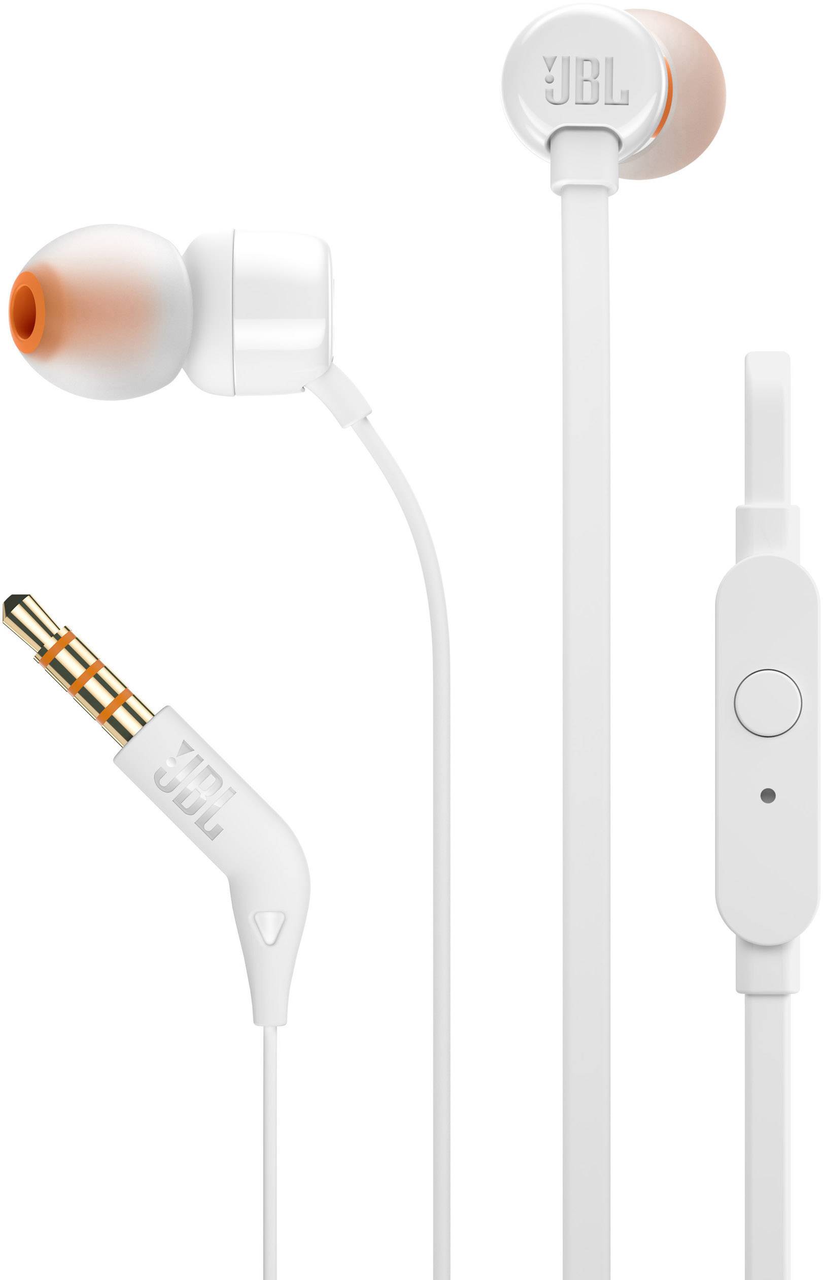 Weiße In-Ear-Kopfhörer mit orangenen Ohrpassstücken und integriertem Mikrofon. Flaches Kabel mit gebogenem 3,5-mm-Stecker.