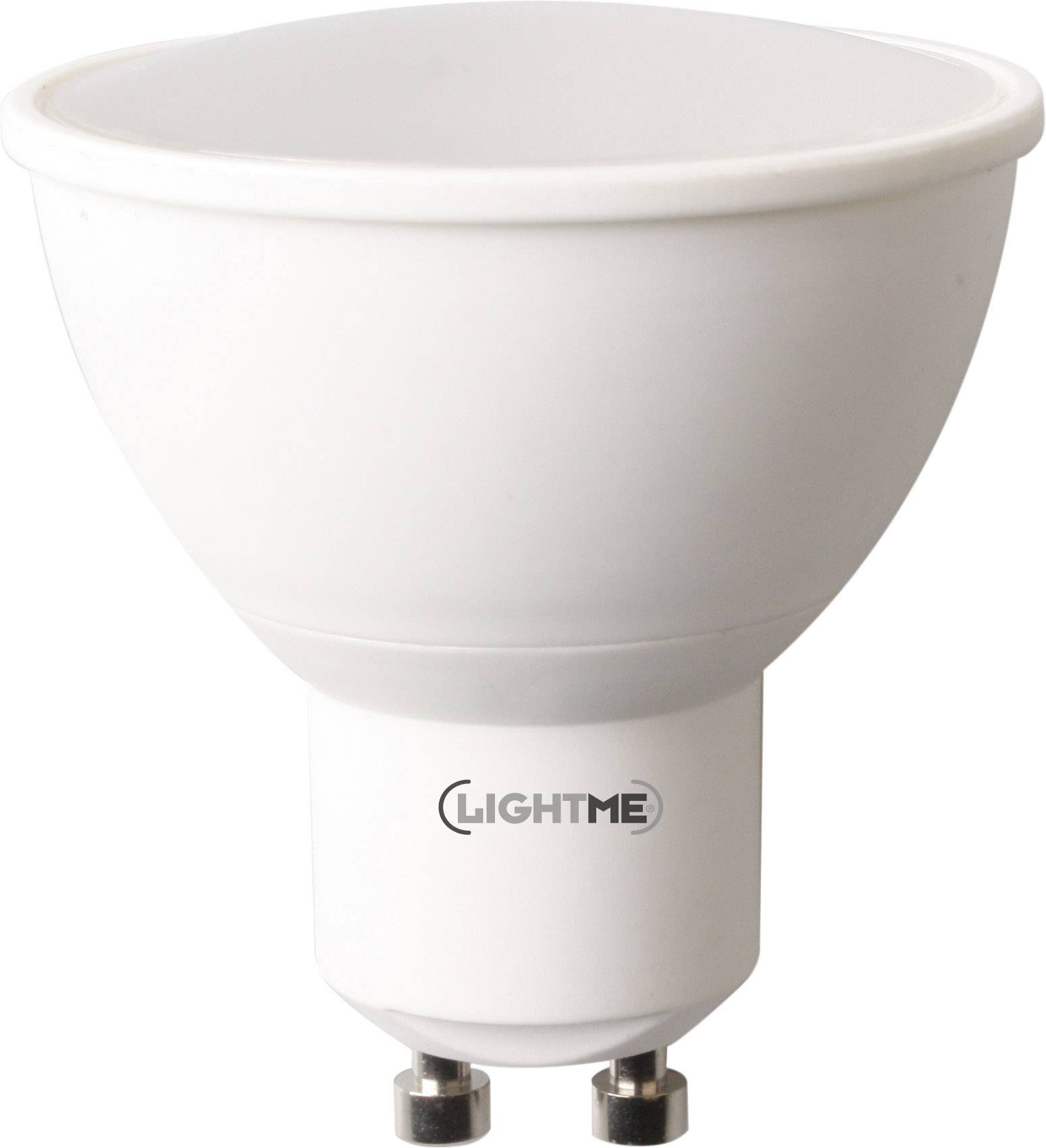 Eine weiße LED-Glühbirne mit GU10-Sockel von LIGHTME, geeignet für verschiedene Lichtanwendungen im Haushalt oder Büro.