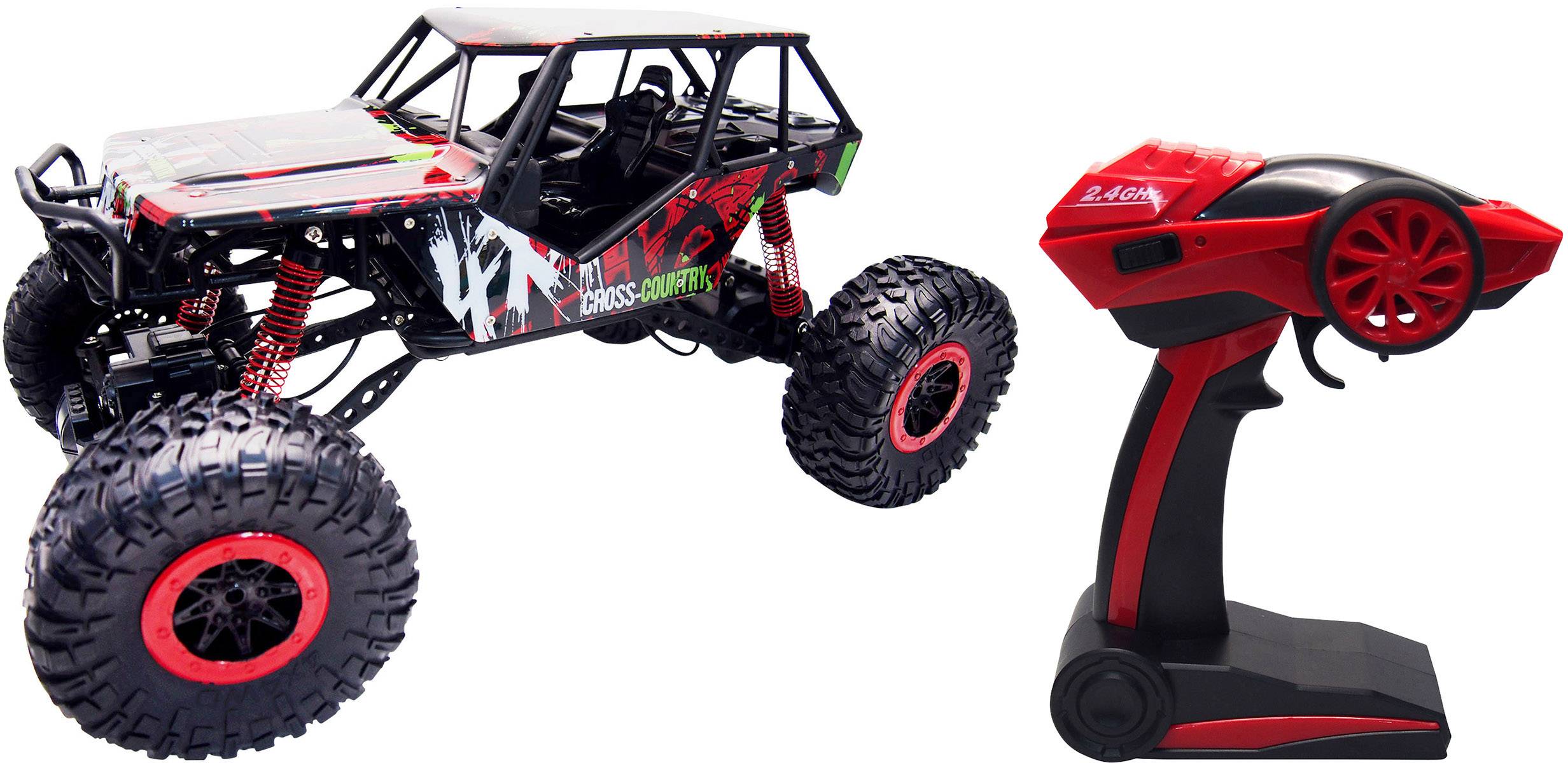 Ein ferngesteuertes Auto im Offroad-Design neben einer passenden rot-schwarzen Fernbedienung.