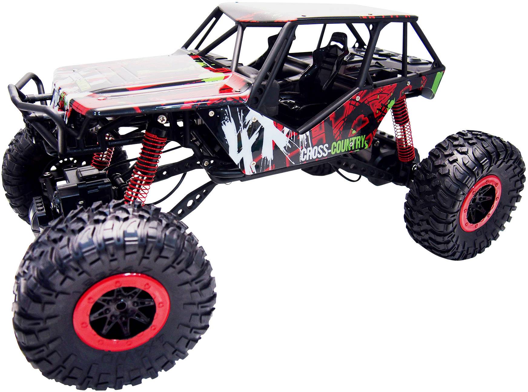 Ein ferngesteuertes Offroad-Auto mit großen, robusten Rädern und einer schwarz-roten Karosserie mit Aufschrift 'Cross-Country'.