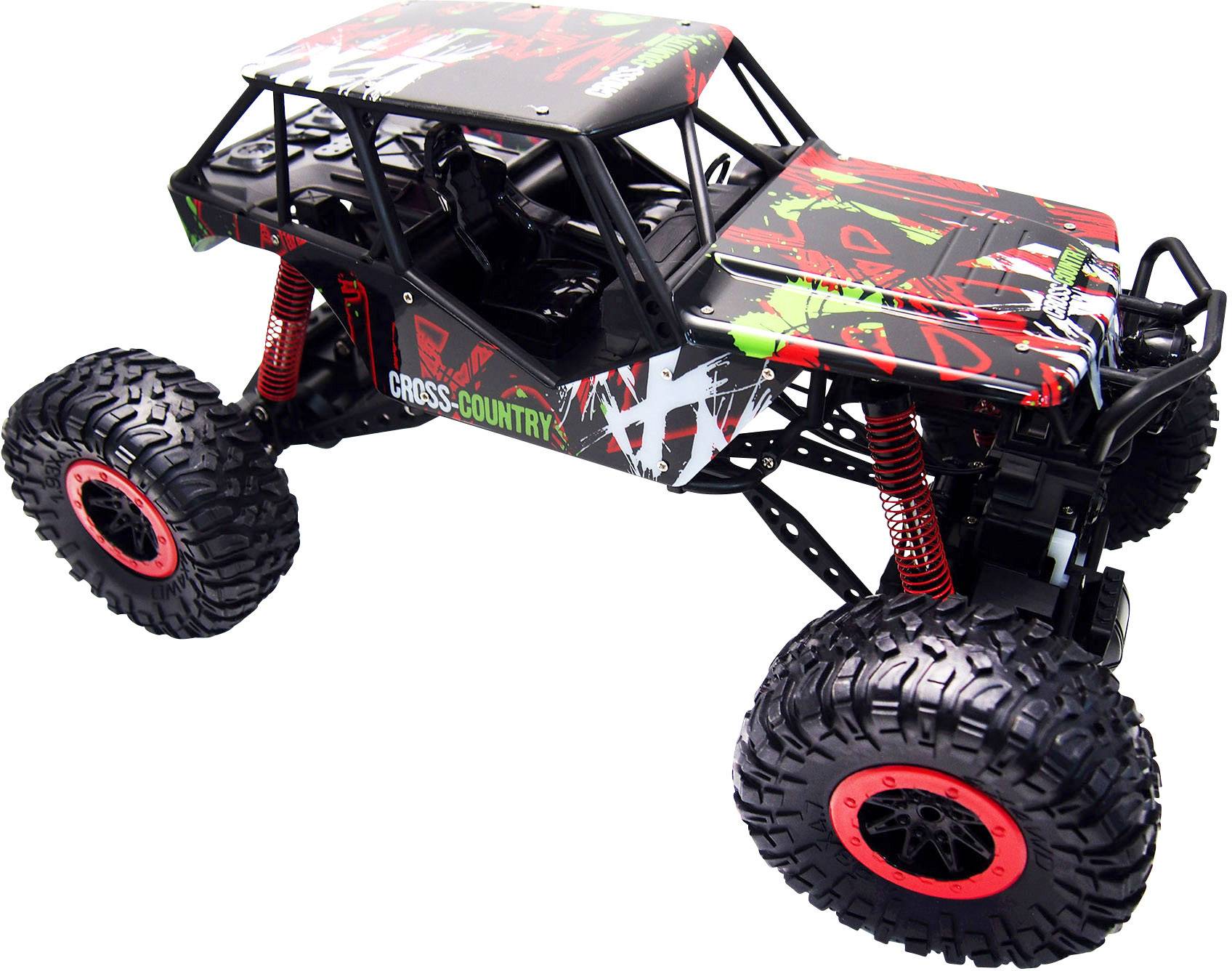 Ein ferngesteuertes Offroad-Spielzeugauto mit großen, robusten Reifen und einem bunten, sportlichen Design.