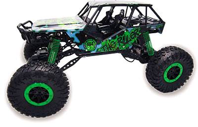 Ferngesteuertes Geländeauto mit großen, grünen Rädern und schwarz-grüner Karosserie. Ein robustes Design für Offroad-Abenteuer.