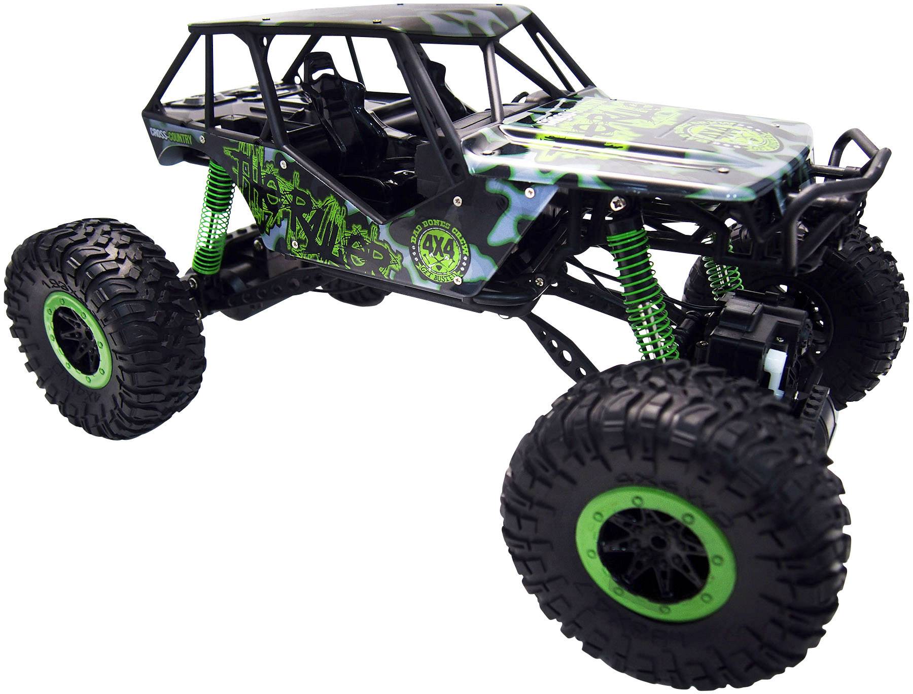 Ein ferngesteuertes 4x4 Offroad-Auto mit großen Reifen und grün-schwarzem Design, geeignet für unwegsames Gelände.