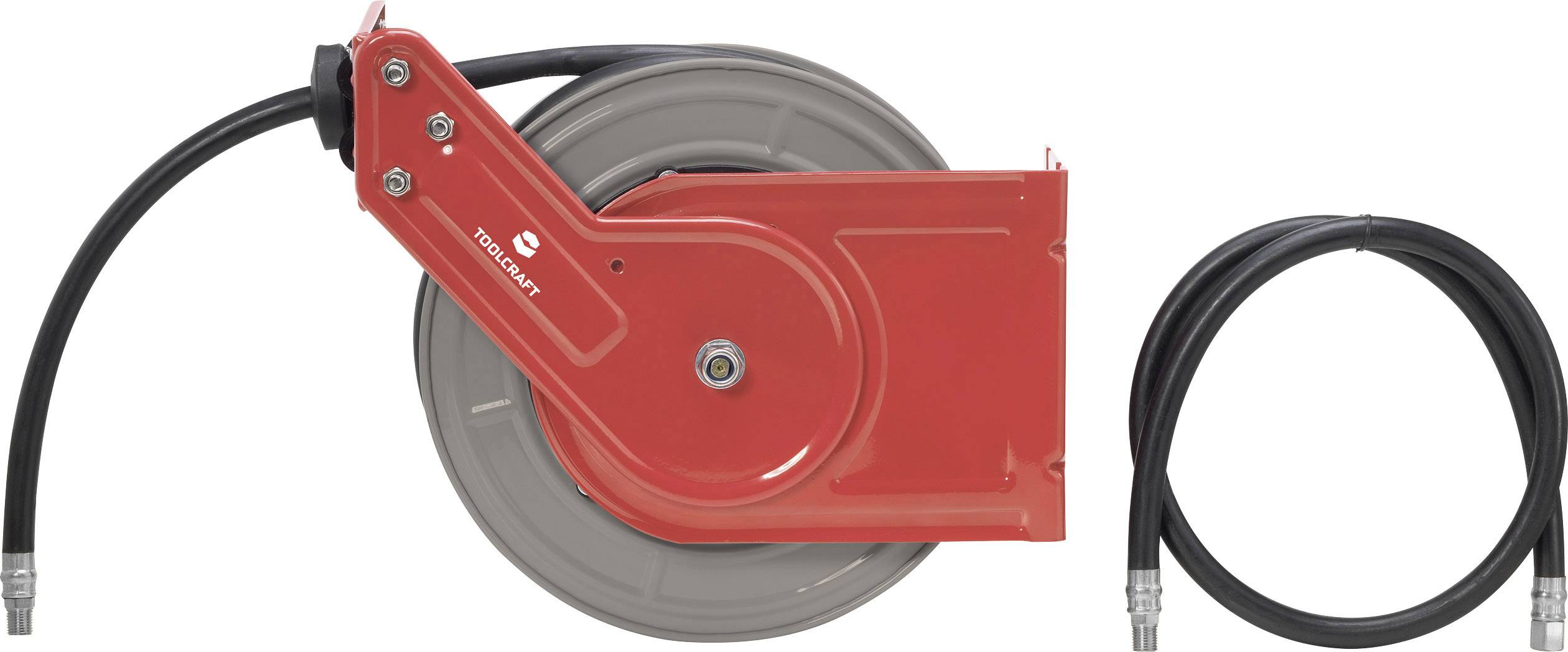Ein roter automatischer Schlauchaufroller mit schwarzem Schlauch, separat liegenden Schlauchabschnitt, geeignet für Werkstätten.
