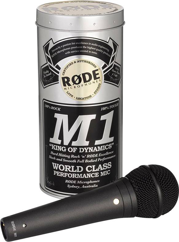 Mikrofon mit Kabel vor einer zylindrischen Verpackung von Rode mit der Aufschrift 'M1 - King of Dynamics' und weiteren Produktinformationen.