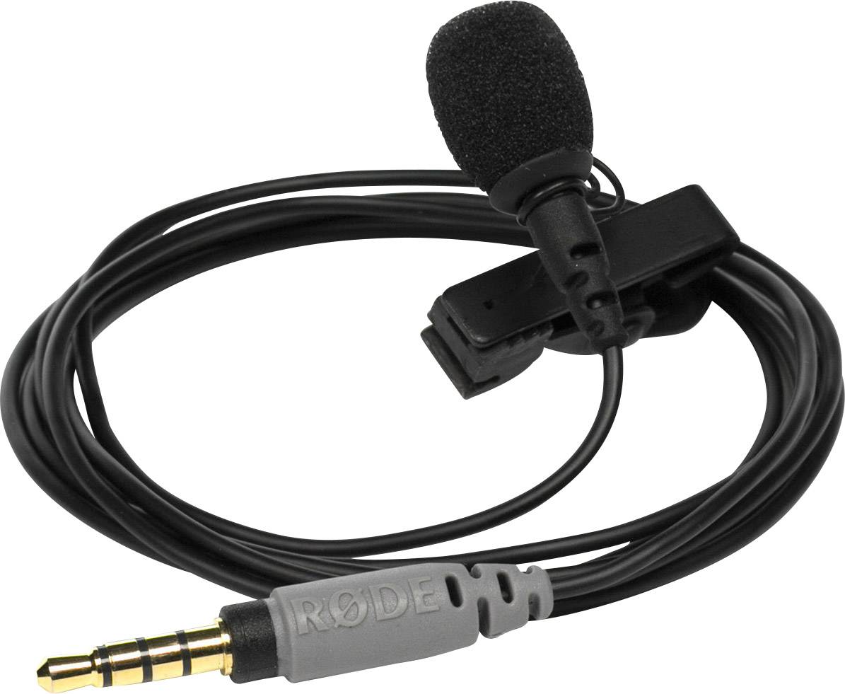 Schwarzes Lavalier-Mikrofon mit Clip und 3,5 mm Klinkenstecker für Audioaufnahme oder Kommunikation.