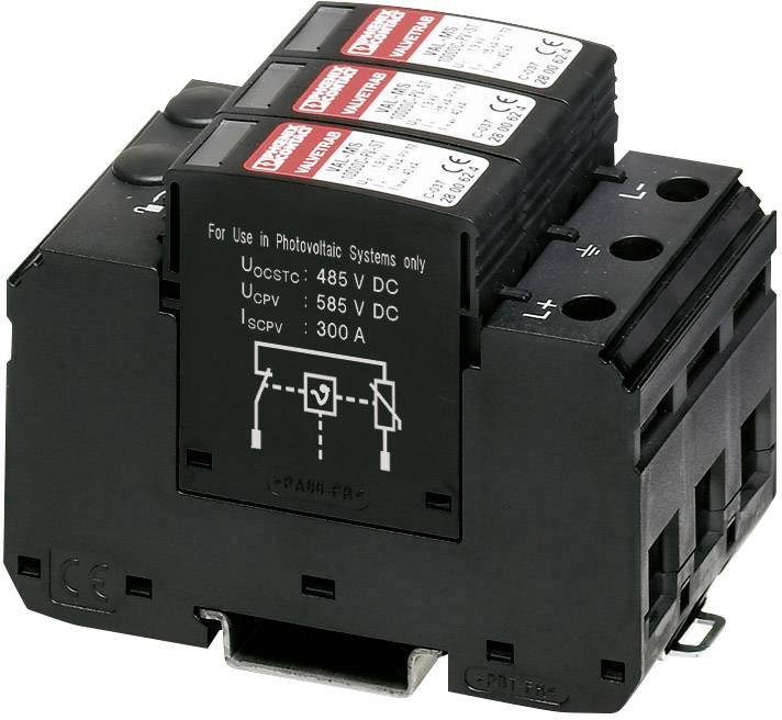 Ein elektrischer Überspannungsableiter für Photovoltaik-Systeme, mit Spezifikationen auf der Vorderseite: Uocstc 485 V DC, Ucpv 585 V DC, Iscpv 300 A.