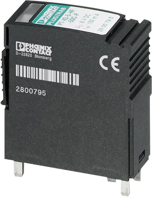 Ein schwarzes elektrisches Bauteil mit Typenbezeichnung '3005-PS' von Phoenix Contact. Es hat Stiftkontakte an der Unterseite und CE-Kennzeichnung.