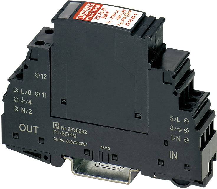 Ein schwarzes elektrisches Modul mit Aufschrift 'Phoenix Contact PT-BE/FM' auf der Oberseite, zeigt Anschlussklemmen 'OUT' und 'IN'.