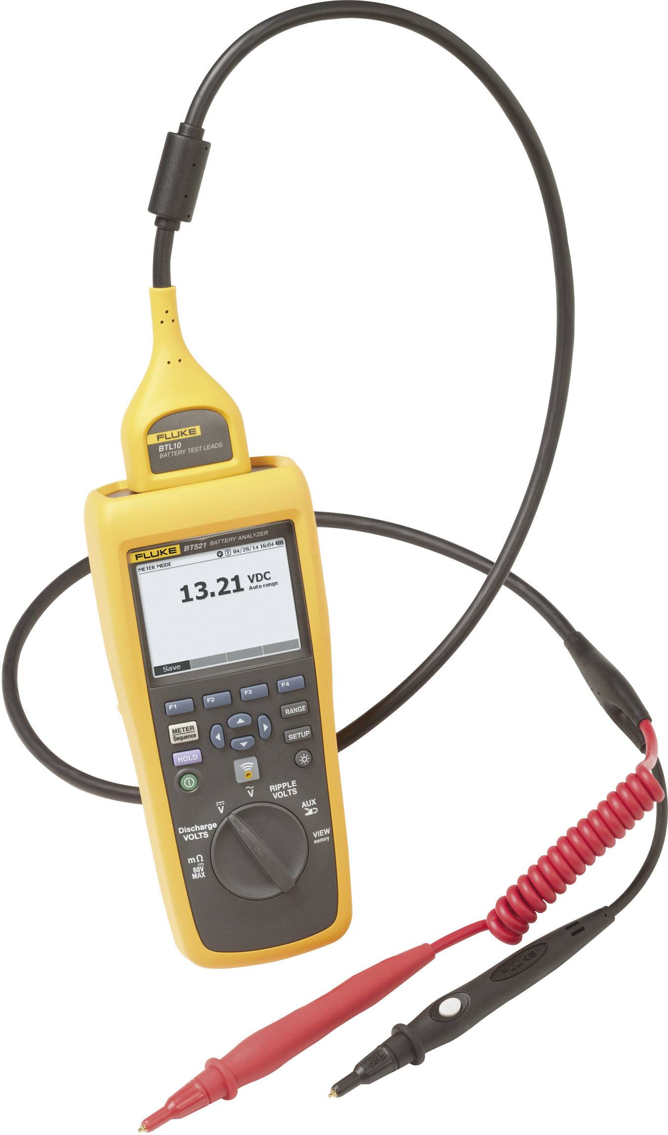 Fluke-Digitalmultimeter zeigt Spannung von 13,21 VDC, mit Prüfspitzen. Verwendet zur Messung elektrischer Parameter in technischen Umgebungen.