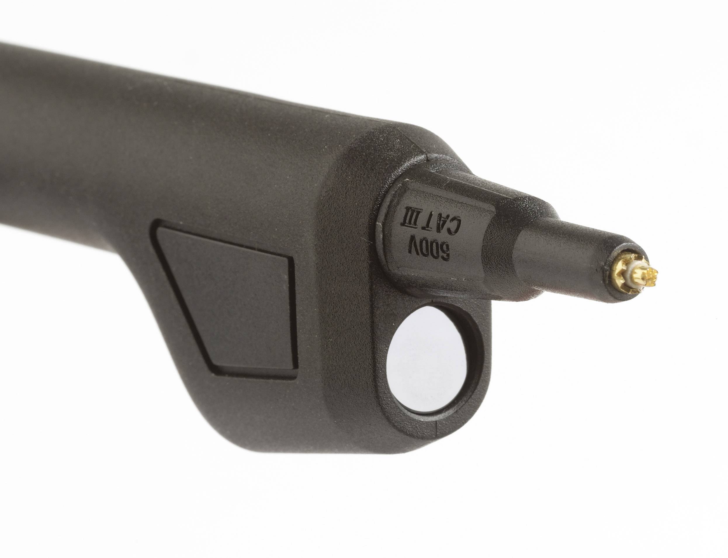 Oszilloskop-Sonde mit schlankem, schwarzen Design und Messspitze, beschriftet mit 'CAT III 600V'.