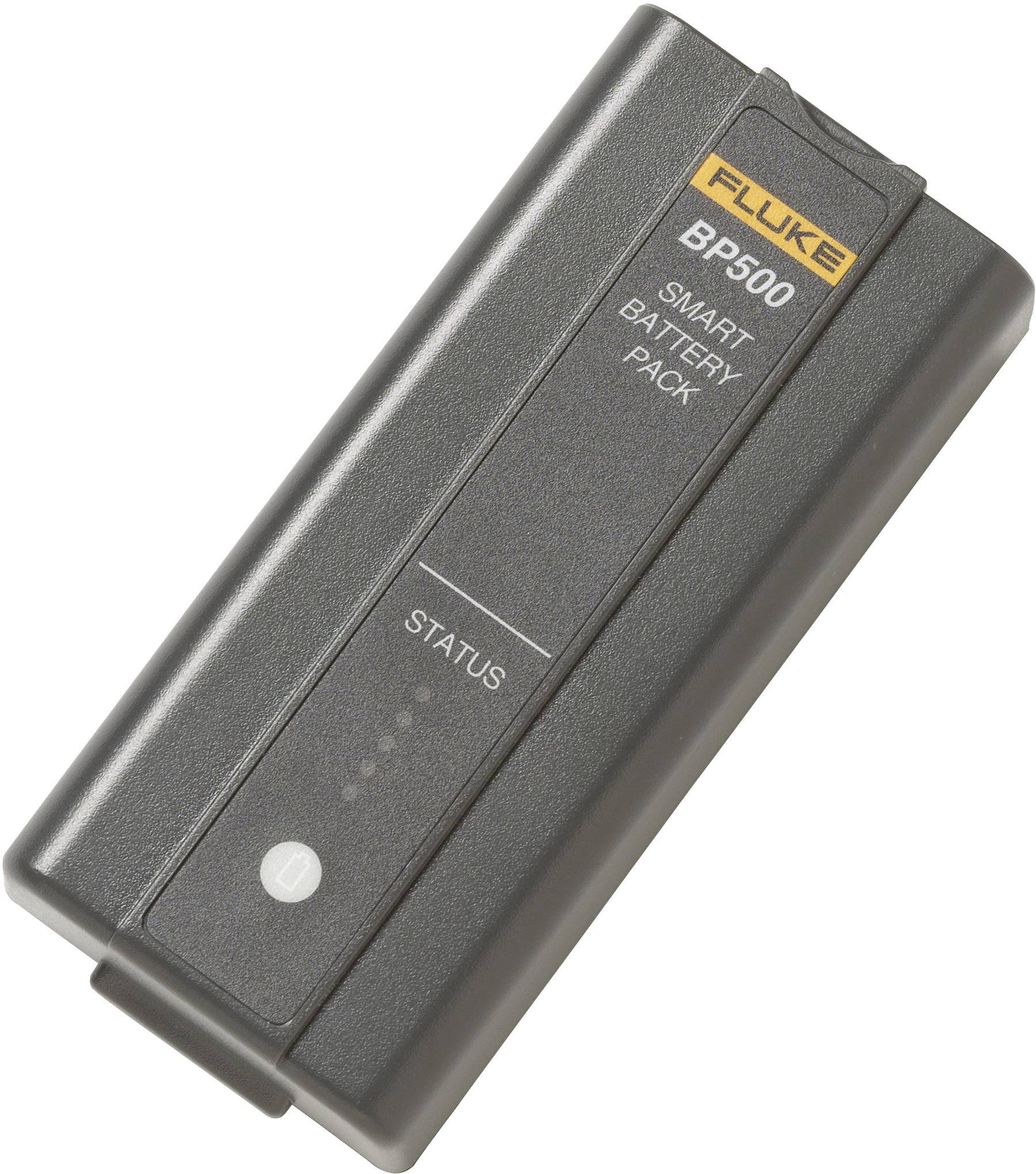 Schwarzes, rechteckiges 'Fluke BP500 Smart Battery Pack' mit Statusanzeige.