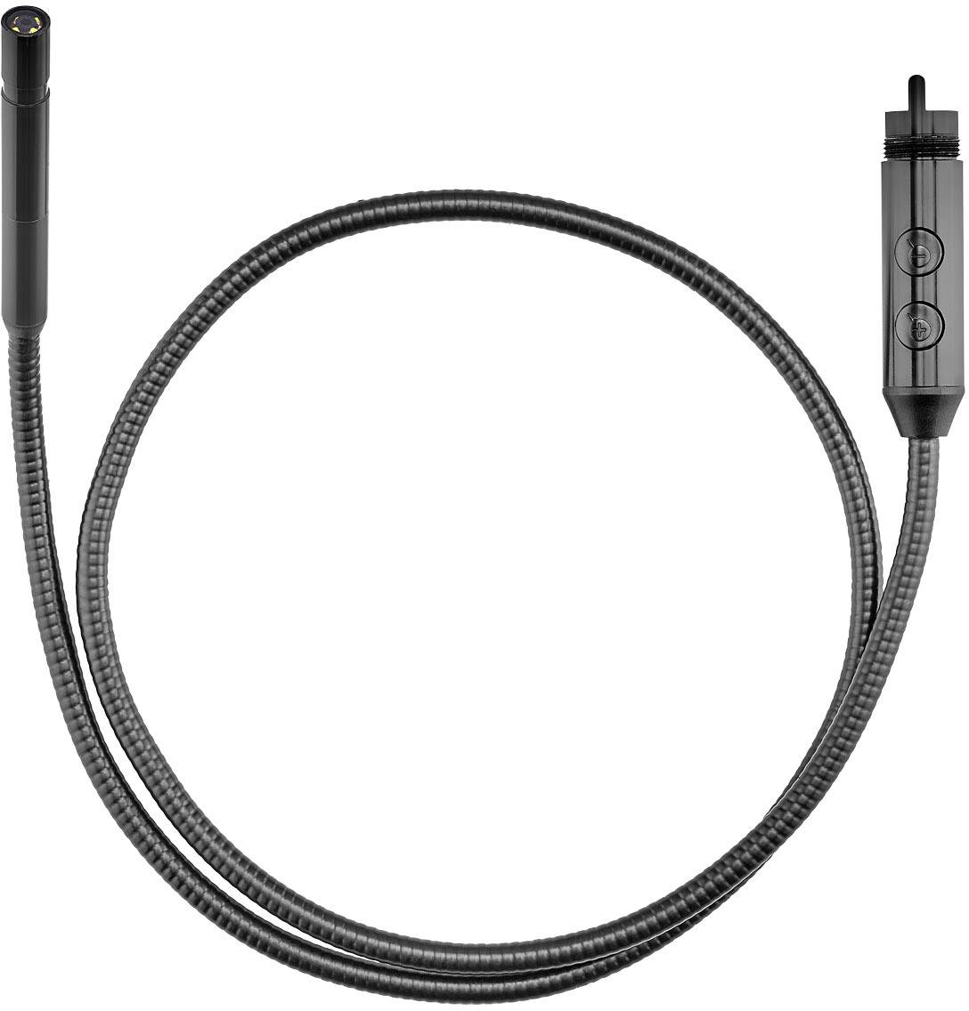 Schwarze endoskopische Kamera mit flexiblem Kabel, geeignet für Inspektionen. Links die Kamera, rechts Bedienungselemente.