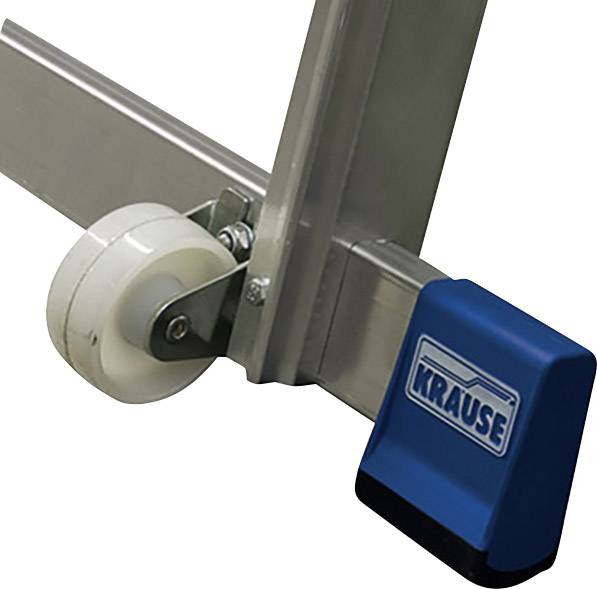 Ein Detail eines blauen Rollgerüstfußes mit einem Rad. Der Name 'Krause' ist auf dem Gummifußschutz sichtbar.