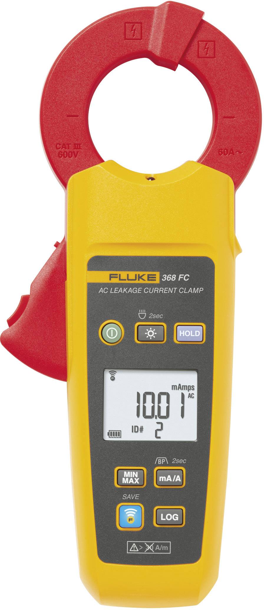 Ein gelbes Zangenstrommessgerät, Modell 'Fluke 368 FC', zur Messung von Wechselstromleckströmen. Display zeigt '10.01 mA'.
