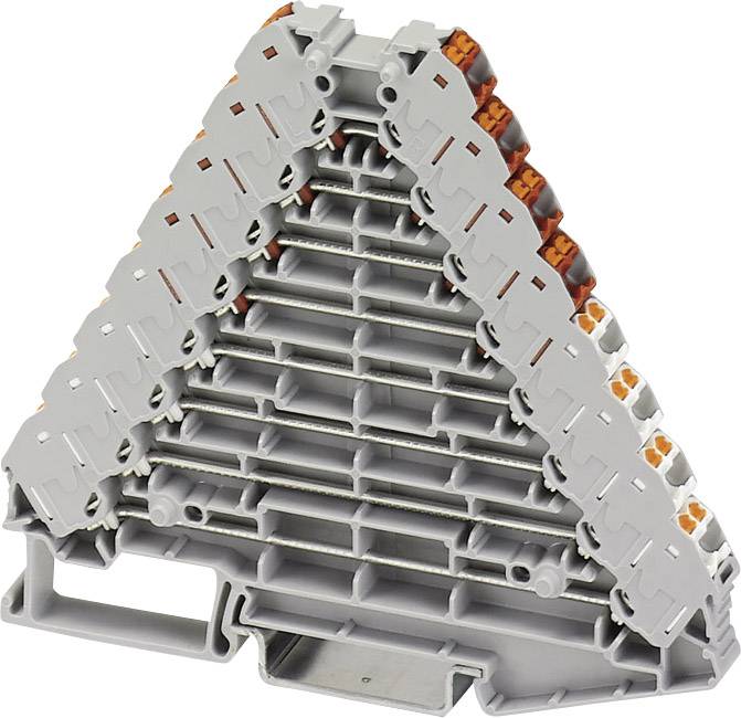Ein pyramidenförmiger Stapel grauer, modulartiger Bauelemente, die möglicherweise Teil eines industriellen oder elektrischen Systems sind.