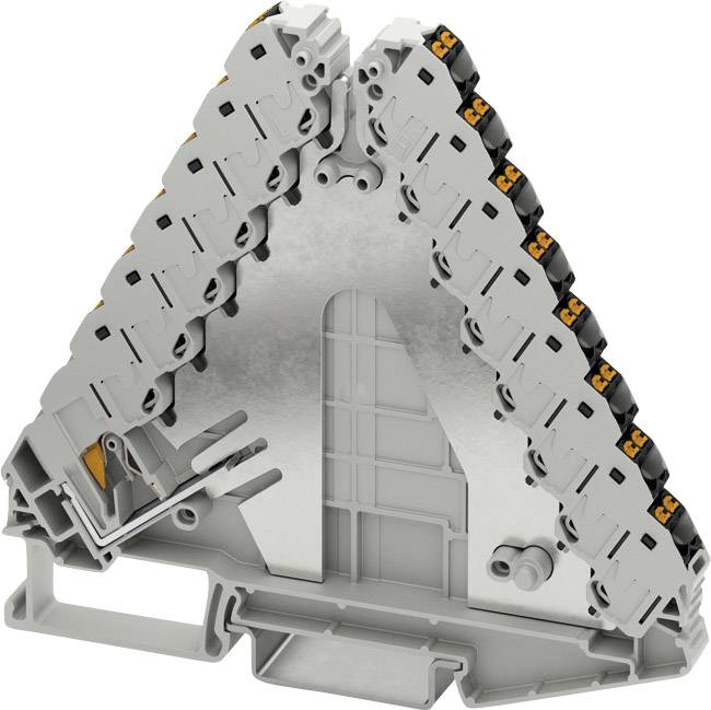 Elektrischer Verteilerblock in dreieckiger Form mit mehreren Anschlüssen, grau und orange, zur Organisation von Kabelverbindungen.