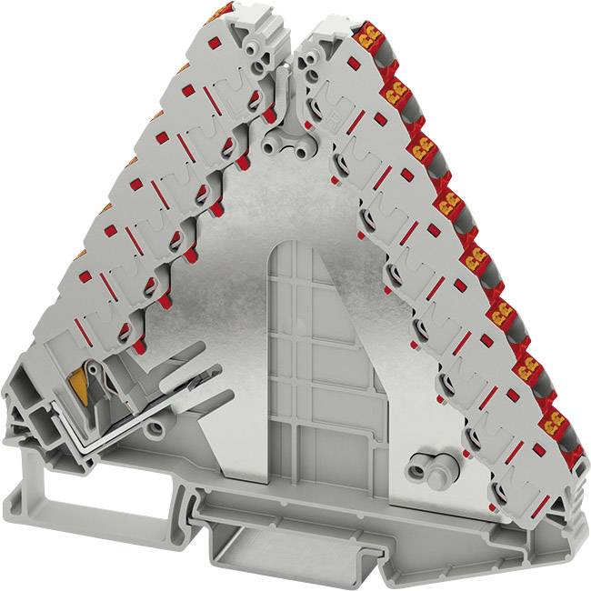 Ein grauer und roter Reihenklemmenblock in Form eines Dreiecks zeigt elektrische Anschlussmöglichkeiten in einem Schaltschrank-Design.