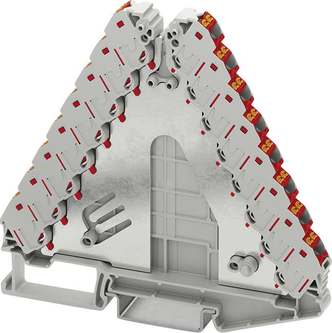 Dreieckiger Steckverbinder mit mehrschichtigen Anschlussklemmen, hauptsächlich in Rot und Grau, auf einem metallischen Sockel.