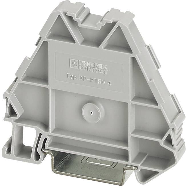 Grauer Klemmenblock von Phoenix Contact, Typ DP-PTRV 4, mit dreieckiger Form und Befestigungsclip unten, vor weißem Hintergrund.