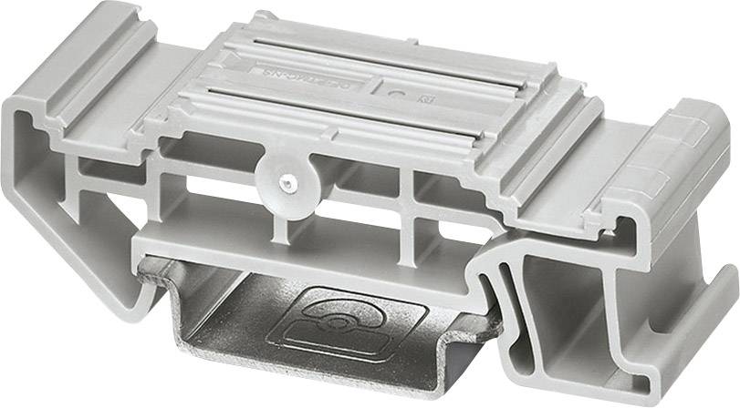 Grauer Plastikadapter für Hutschienenmontage, geeignet für elektronische Bauteile.