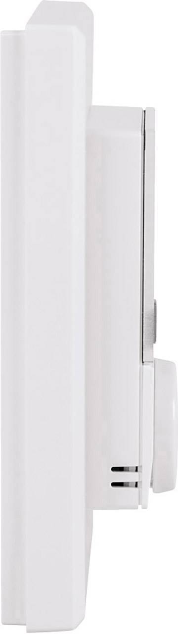 Seitenansicht eines weißen, rechteckigen Elektrogeräts mit minimalen Details und flachem Design.