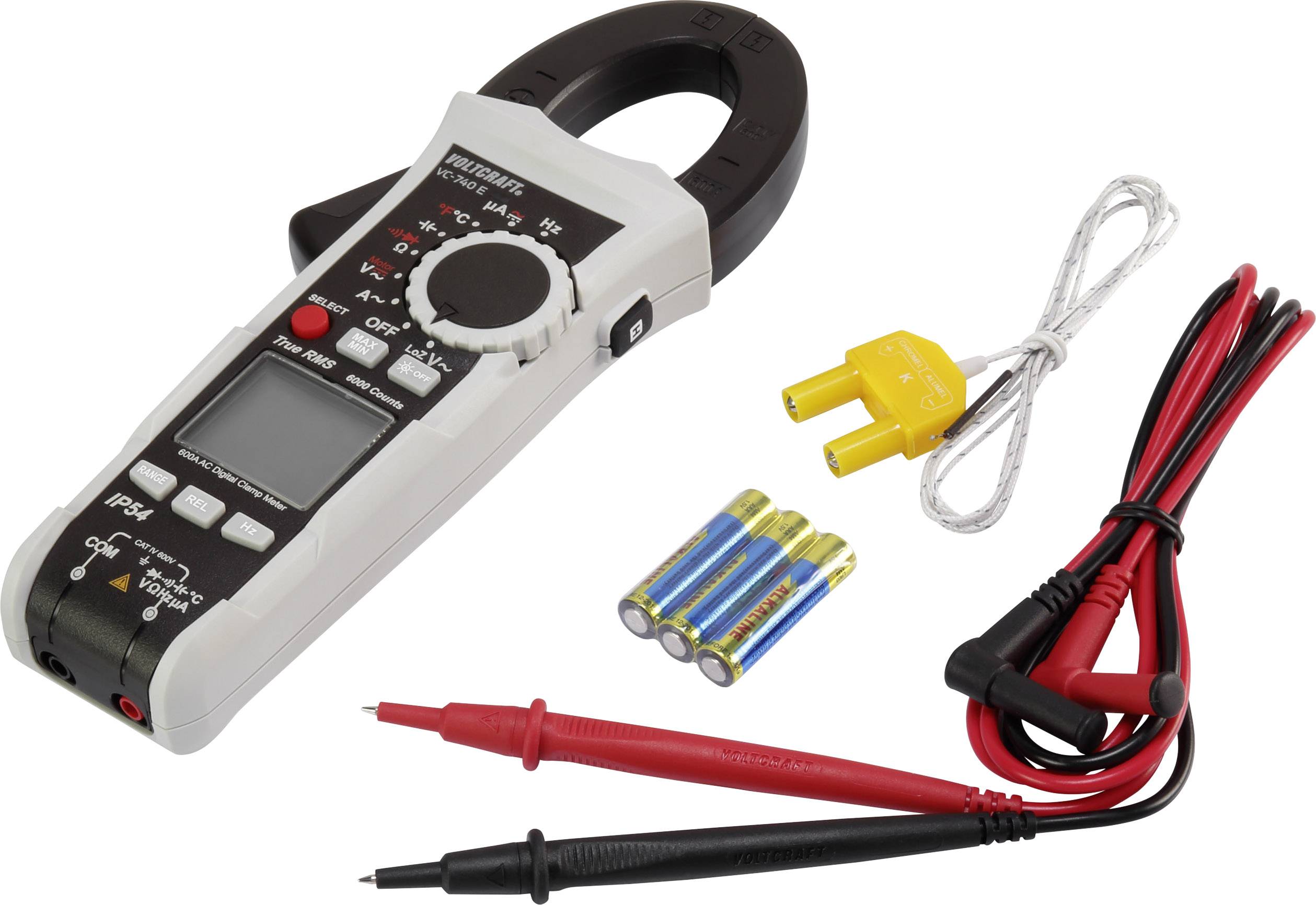 Ein digitales Multimeter mit Krokodilklemmen, Batterien und einem K-Typ-Temperaturfühler. Zur Messung elektrischer Werte und Temperaturen.