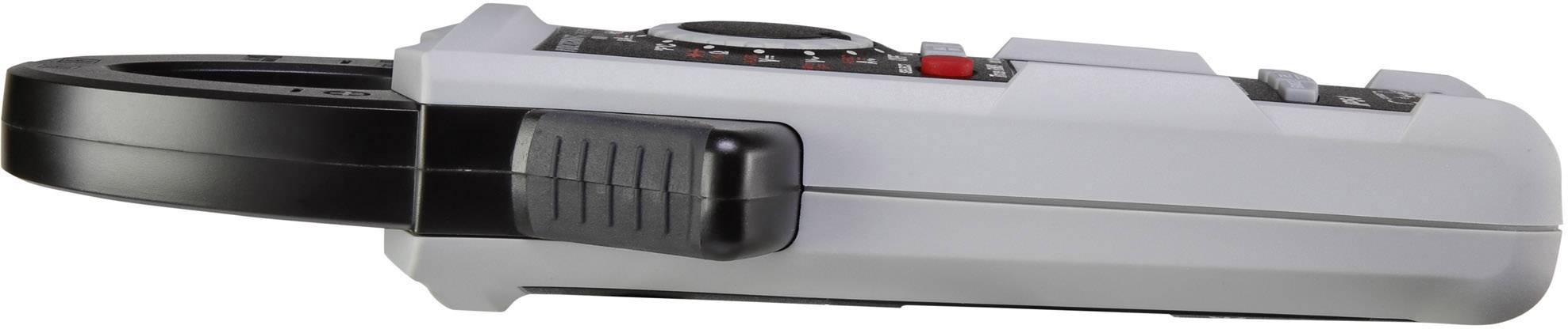 Ein digitales Multimeter in seitlicher Ansicht, vorwiegend grau mit schwarzen und roten Details, zeigt das Messgerät von der Seite.