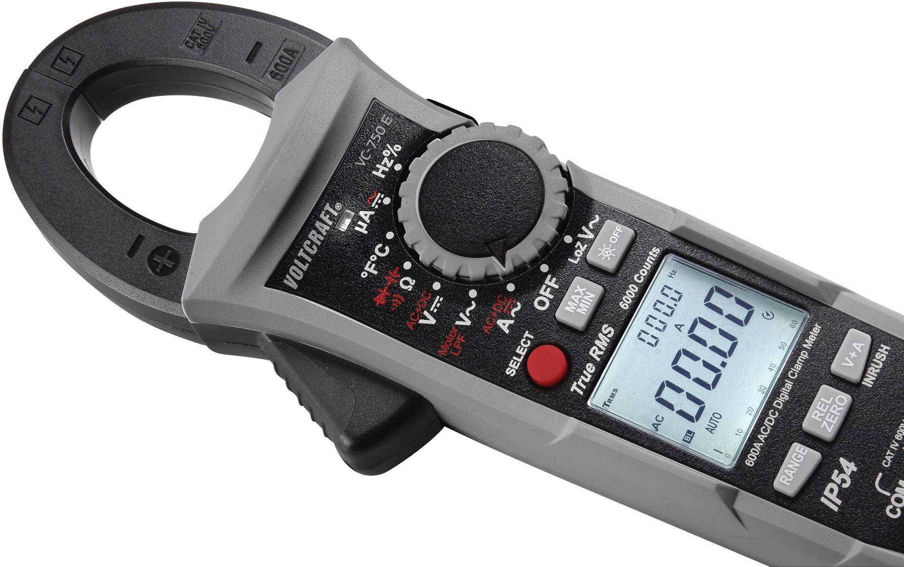 Ein graues, digitales Zangenamperemeter mit schwarzem Zangenkopf. Display zeigt '0.00' an. Verschiedene Knöpfe für Funktionen sichtbar.